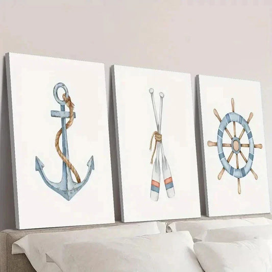 3pcs Sailboat Anchor Paddle Rudder Wall Art Set Canvas Framed 40x60cm - High Quality Print 100% Australian Made Wall Canvas Ready to Hang