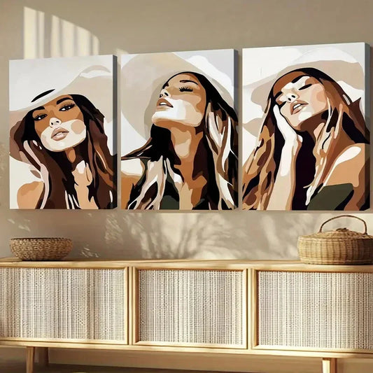 3pcs Cowgirl Classic Modern Style Figures Gray White Wall Art Set Canvas Framed 40x60cm - High Quality Print 100% Australian Made Wall Canvas Ready to Hang