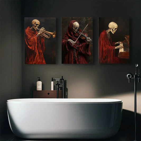 3pcs Abstract Skeletons Playing Music Instruments Metal Print Ready to Hang Art