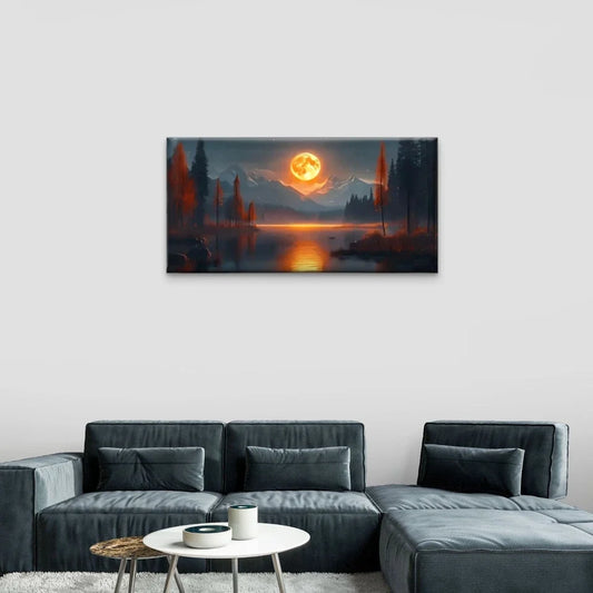Moon Lake Mountains Wall Art Canvas Office Home Room Framed 80x45cm