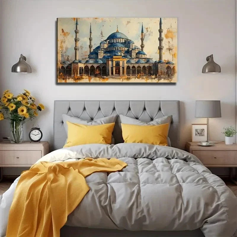 Aesthetic Elegant Blue & Gold Wall Art Canvas Office Home Room Framed 80x45cm