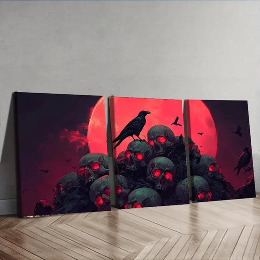 3pcs Gothic Skulls and Crow Red Darkness Fear Wall Art Set Canvas Framed 40x60cm - High Quality Print 100% Australian Made Wall Canvas Ready to Hang