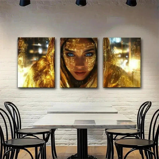 3pcs Futuristic Cyberpunk Golden Face Perfect Wall Art Set Canvas Framed 40x60cm - High Quality Print 100% Australian Made Wall Canvas Ready to Hang
