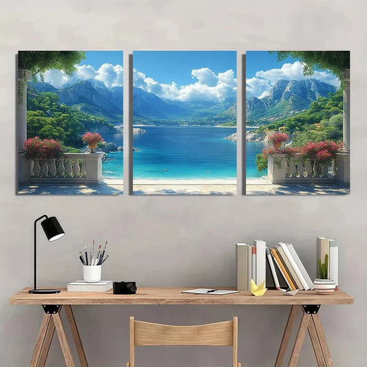 3pcs Serene Bay and Mountain Tranquility Balcony Metal Print Ready to Hang Art