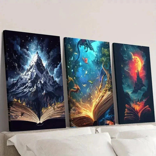 3pcs Mountains Vibrant Dragons & Red Castles Wall Art Set Canvas Framed 40x60cm - High Quality Print 100% Australian Made Wall Canvas Ready to Hang