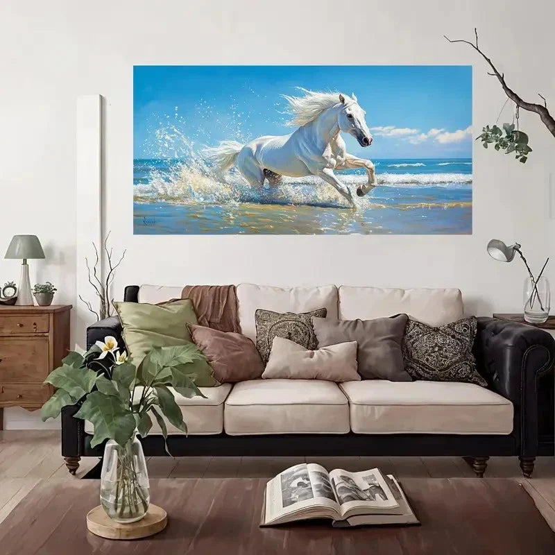 Galloping White Horse Wall Art Canvas Office Home Room Framed 120x60cm