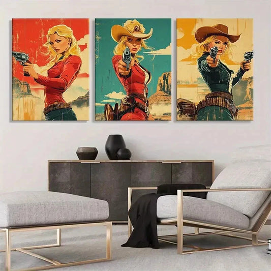 3pcs Retro Wild West Cowgirl Gunslinger Perfect Wall Art Set Canvas Framed 40x60cm - High Quality Print 100% Australian Made Wall Canvas Ready to Hang
