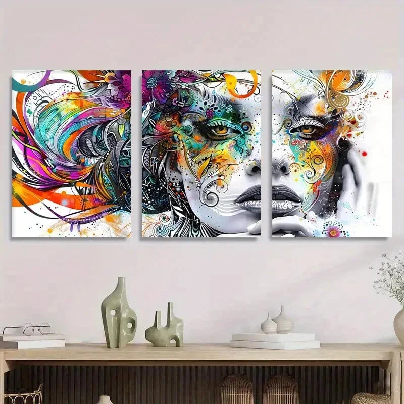 3pcs Abstract Woman Face Colorful Swirls Metal Print Ready to Hang Art