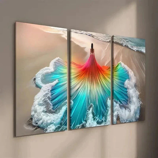 3pcs Beautiful Woman Art in Beach Wave Dress Wall Art Set Canvas Framed 40x60cm - High Quality Print 100% Australian Made Wall Canvas Ready to Hang