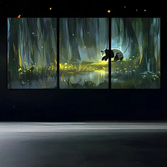 3pcs Cute Panda Forest Pond Stunning Golden Metal Print Ready to Hang Art