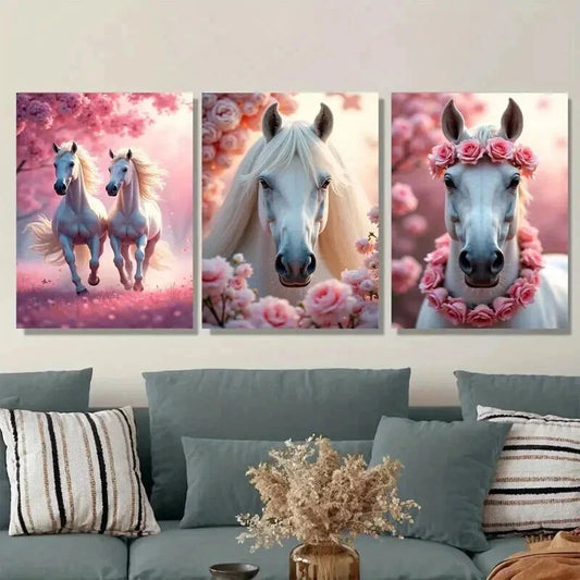 3pcs Horse Pink Floral Background Beautiful Wall Art Set Canvas Framed 40x60cm - High Quality Print 100% Australian Made Wall Canvas Ready to Hang