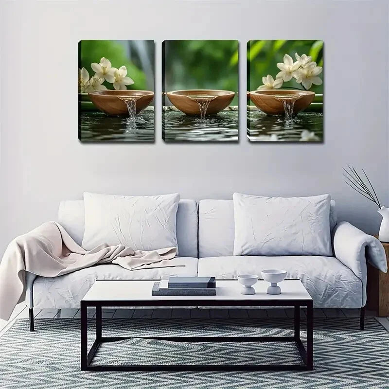 3pcs Wooden Tea Bowls and Waterfall Design Wall Art Set Canvas Framed 40x60cm - High Quality Print 100% Australian Made Wall Canvas Ready to Hang