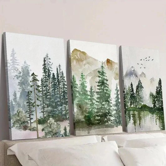 3pcs Sage Green Forest Mountain Nature Wall Art Set Canvas Framed 40x60cm - High Quality Print 100% Australian Made Wall Canvas Ready to Hang