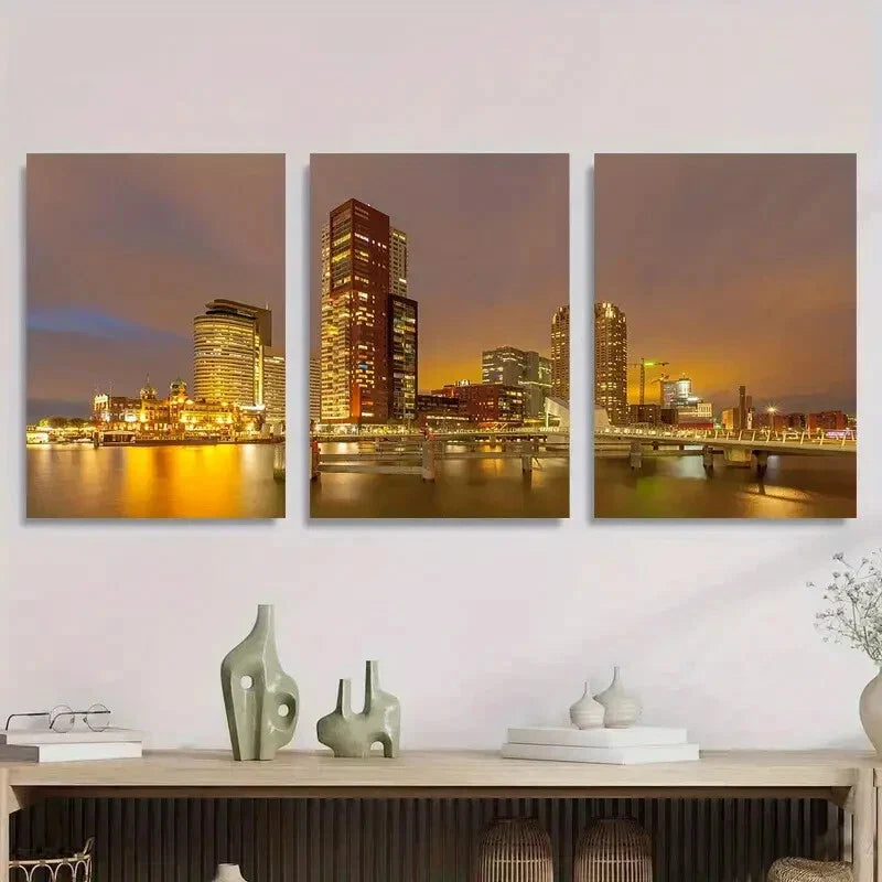3pcs Nighttime Long Exposure Cityscape Metal Print Ready to Hang Art