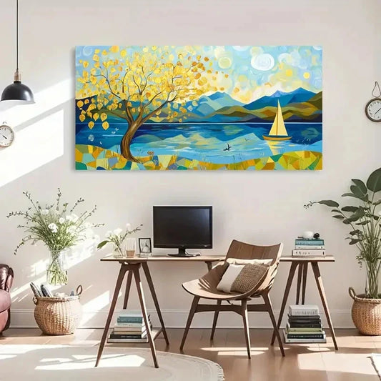 Geometric Yellow Tree Retro Wall Art Canvas Office Home Room Framed 120x60cm