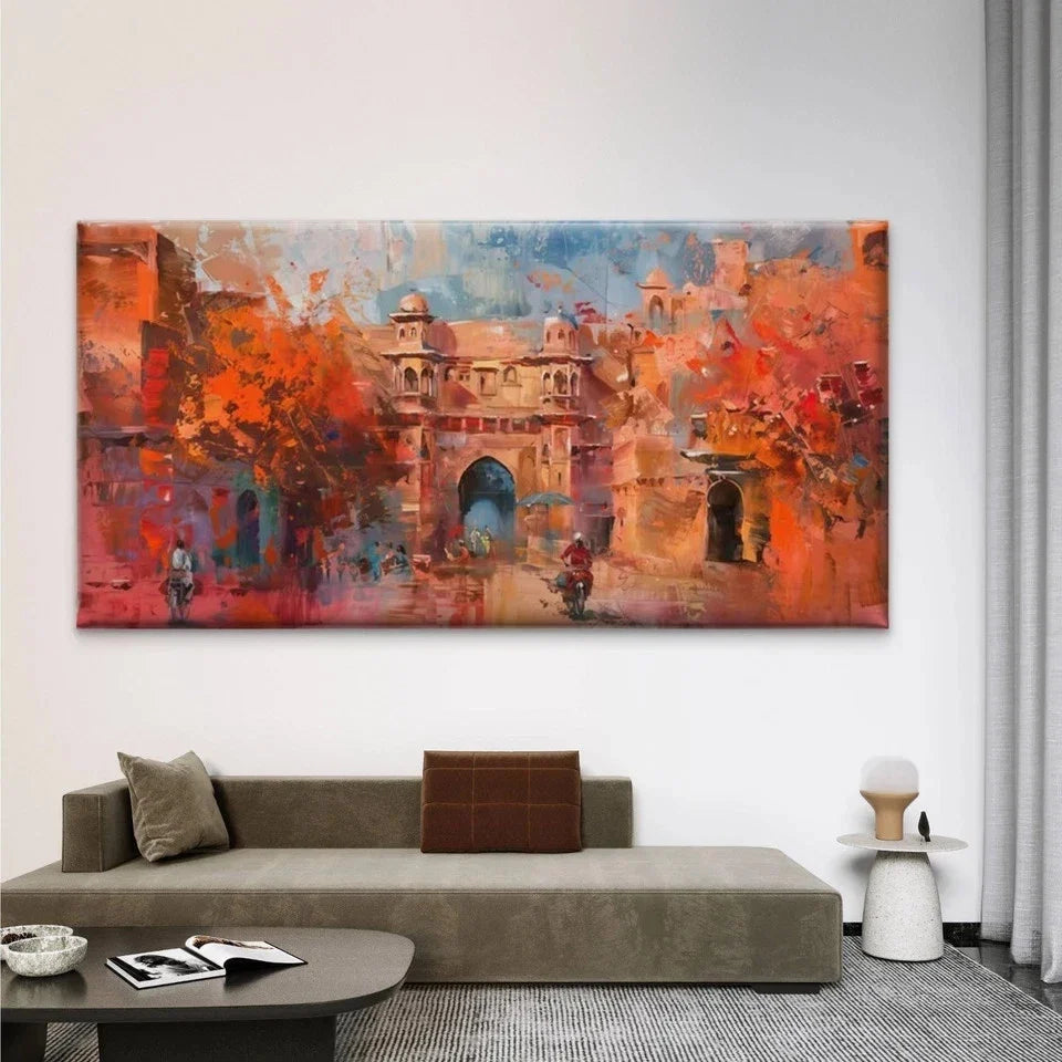 Abstract Indian Cityscape Wall Art Canvas Office Home Room Framed 120x60cm