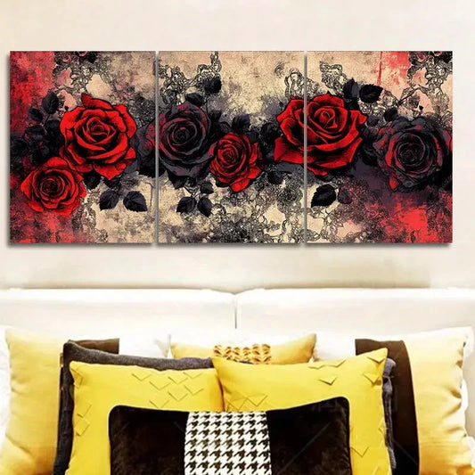 3pcs Dark Floral Design with Black Accents Metal Print Ready to Hang Art