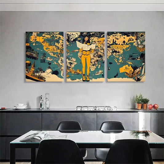 3pcs Vintage Travel Adventure Women Perfect Wall Art Set Canvas Framed 40x60cm - High Quality Print 100% Australian Made Wall Canvas Ready to Hang