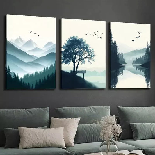 3pcs Mountain Lake Landscape with Pine Trees Wall Art Set Canvas Framed 40x60cm - High Quality Print 100% Australian Made Wall Canvas Ready to Hang