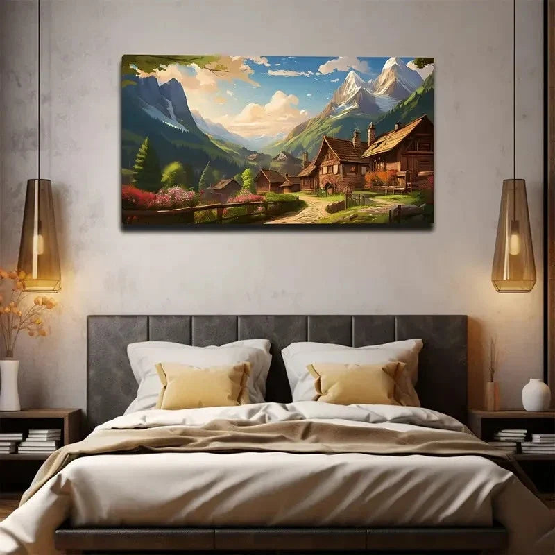 Serene Country House Wall Art Canvas Office Home Room Framed 80x45cm