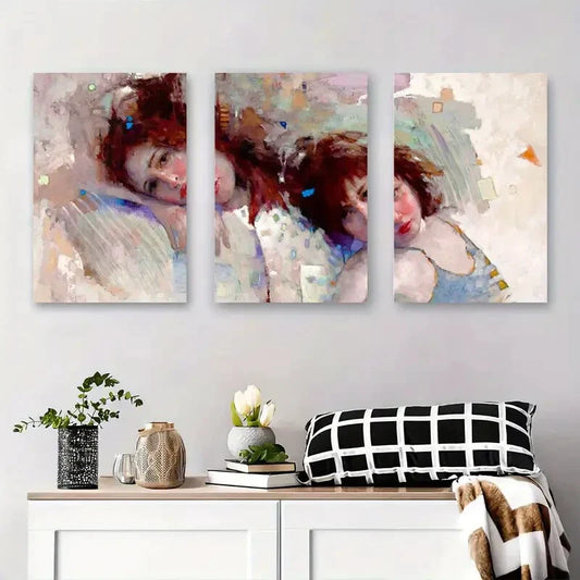 3pcs Female Portraits with Soft Brushstrokes Metal Print Ready to Hang Art