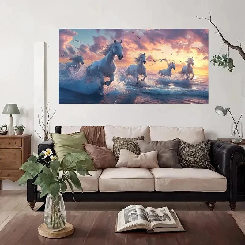 Galloping White Horses Sunset Wall Art Canvas Office Home Room Framed 120x60cm