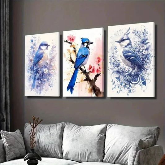 3pcs Bluebird Paintings Watercolor Bird Wall Art Set Canvas Framed 40x60cm - High Quality Print 100% Australian Made Wall Canvas Ready to Hang