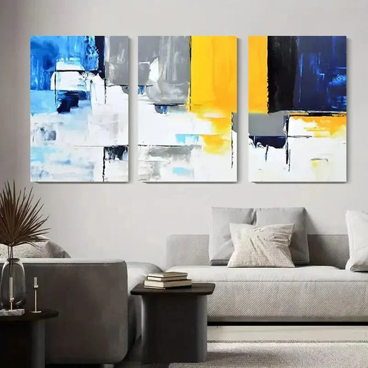 3pcs Bold Yellow, Blue, and Gray Metal Print Ready to Hang Art