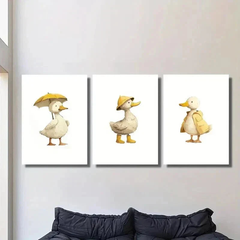 3pcs Duck Holding Umbrella with Hat and Cloths Wall Art Set Canvas Framed 40x60cm - High Quality Print 100% Australian Made Wall Canvas Ready to Hang