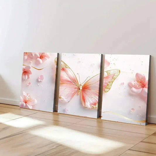 3pcs Abstract Geometric Pink & Golden Butterfly Wall Art Set Canvas Framed 40x60cm - High Quality Print 100% Australian Made Wall Canvas Ready to Hang