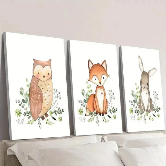 3pcs Cute Owl Fox and Rabbit Decoration Wall Art Set Canvas Framed 40x60cm - High Quality Print 100% Australian Made Wall Canvas Ready to Hang