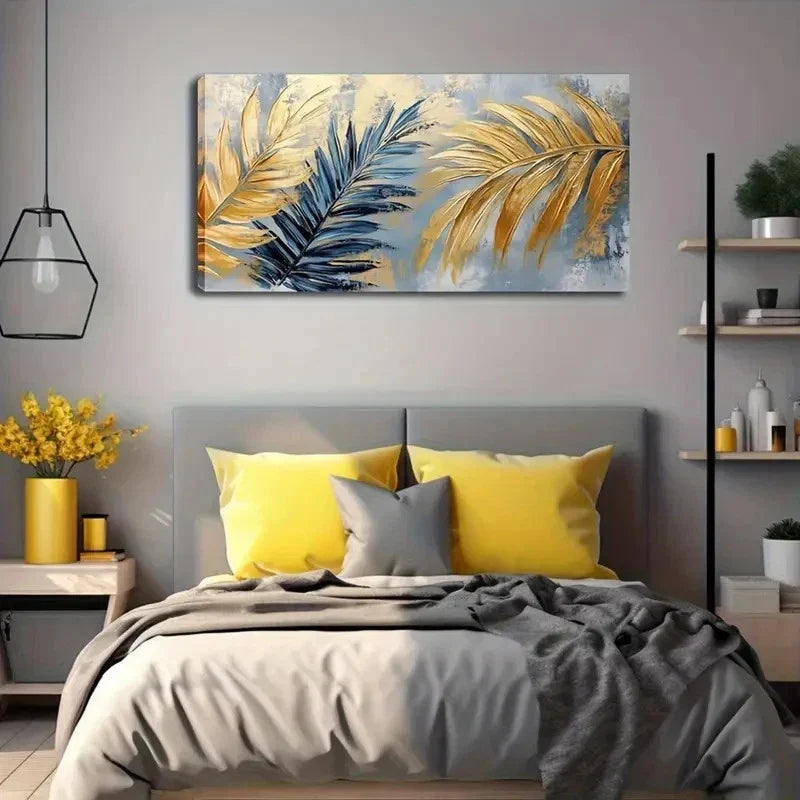 Golden & Blue Palm Leaves Wall Art canvas office home room framed 120x60cm