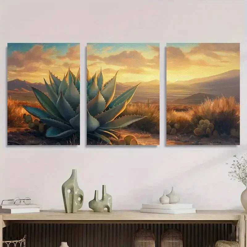 3pcs Agave Sunset Landscape, Southwest Nature Metal Print Ready to Hang Art