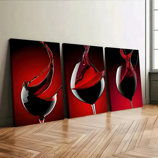 3pcs Red Wine Glass Black Stunning Red Wall Art Set Canvas Framed 40x60cm - High Quality Print 100% Australian Made Wall Canvas Ready to Hang
