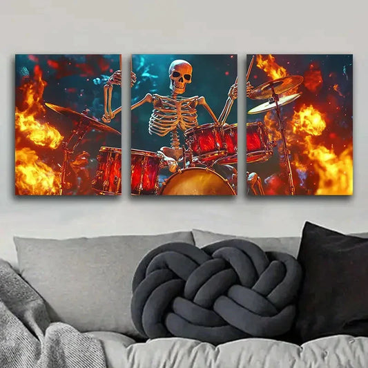 3pcs Skeleton Drummer Deco Classic Metal Print Ready to Hang Art