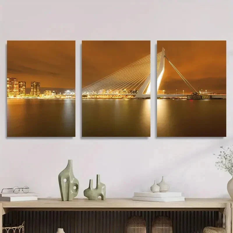 3pcs Rotterdam City Night Bridge Skyline Metal Print Ready to Hang Art