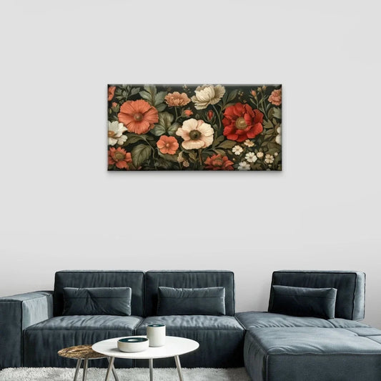 Floral Red White Flowers Wall Art Canvas Office Home Room Framed 80x45cm