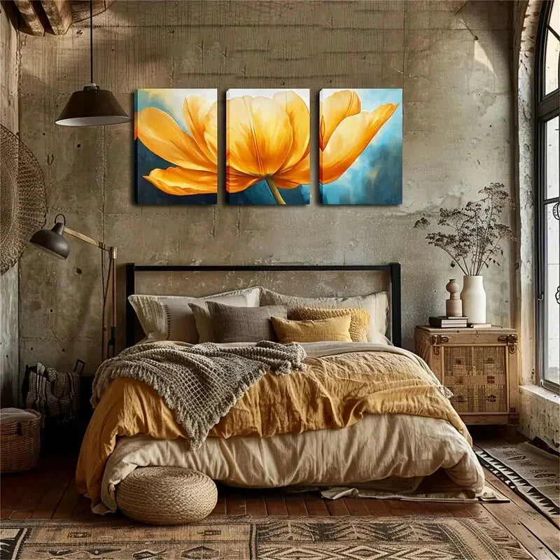 3pcs Yellow Tulip on Blue Background Perfect Wall Art Set Canvas Framed 40x60cm - High Quality Print 100% Australian Made Wall Canvas Ready to Hang