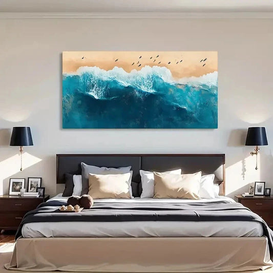 Aerial Ocean Waves Sandy Beach Wall Art Canvas Office Home Room Framed 80x45cm