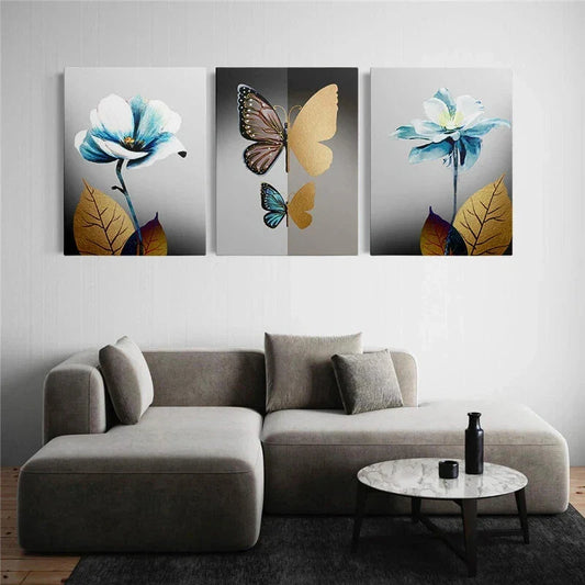 3pcs Blue Golden Flowers luxury Butterfly Metal Print Ready to Hang Art