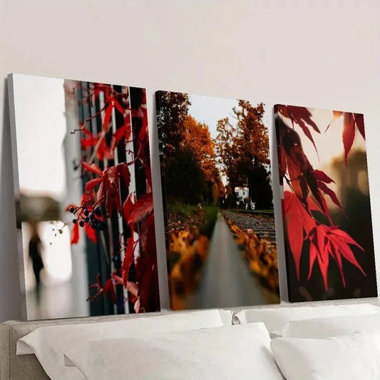 3pcs Autumn Tree Red Maple Leaves Floral Wall Art Set Canvas Framed 40x60cm - High Quality Print 100% Australian Made Wall Canvas Ready to Hang