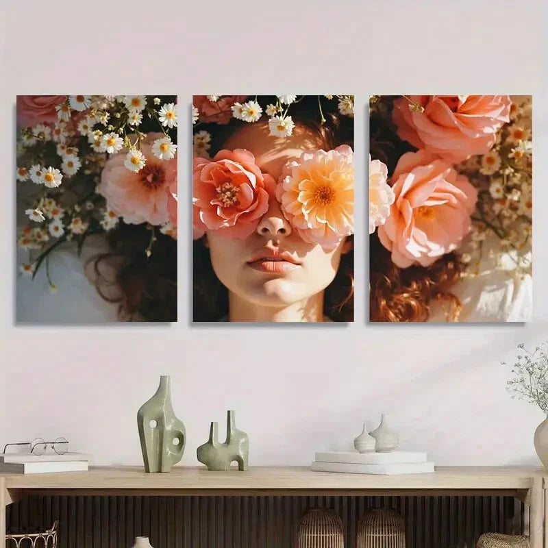 3pcs Blush Pink Daisy Floral Woman Metal Print Ready to Hang Art