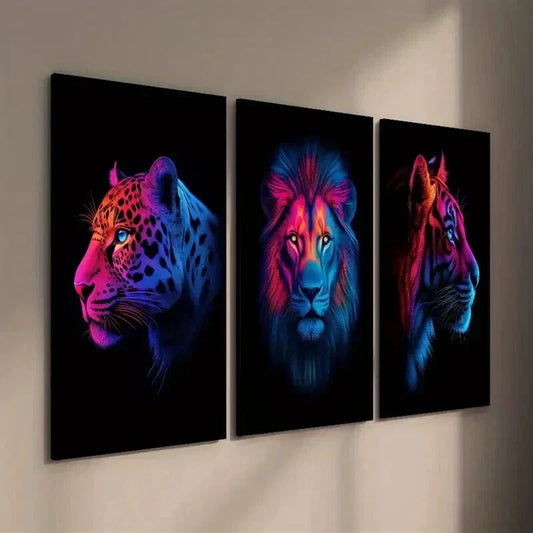 3pcs Neon Wild Animals Leopard Lion and Tiger Wall Art Set Canvas Framed 40x60cm - High Quality Print 100% Australian Made Wall Canvas Ready to Hang