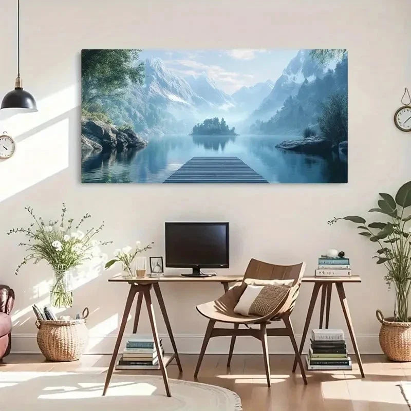 Vintage-Inspired Mountain Lake Wall Art Canvas Office Home Room Framed 120x60cm