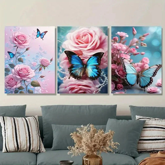 3pcs Beautiful Butterfly and Rose Metal Print Ready to Hang Art