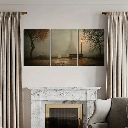 3pcs Eiffel Tower Ghostly Figure Foggy Atmosphere Metal Print Ready to Hang Art