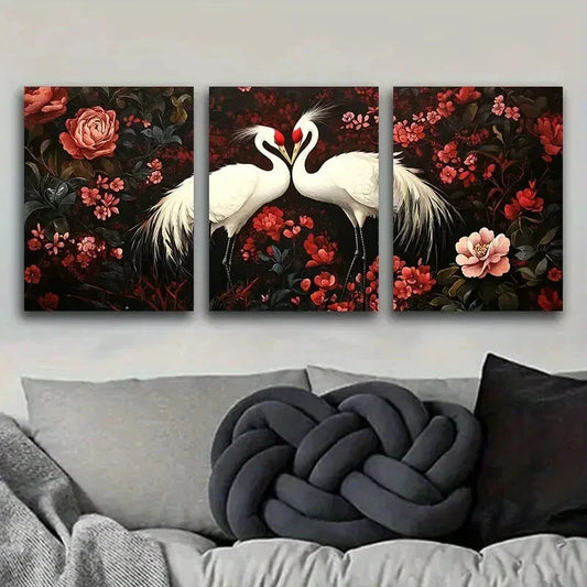 3pcs The white crane is in the peach forest Metal Print Ready to Hang Art