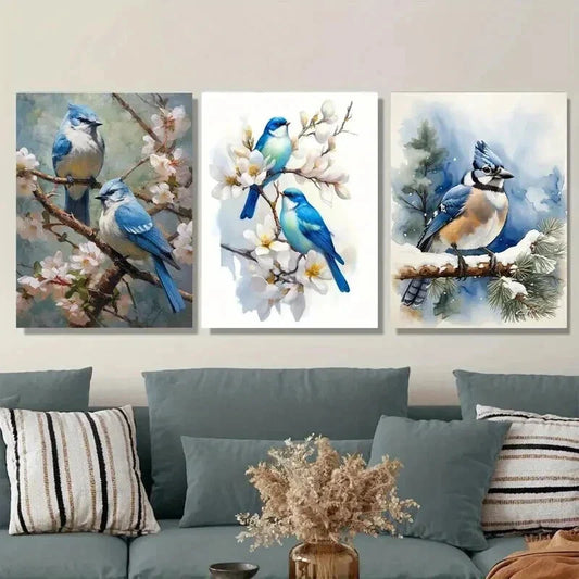 3pcs Blue Birds On Cherry Blossom Modern Classic Wall Art Set Canvas Framed 40x60cm - High Quality Print 100% Australian Made Wall Canvas Ready to Hang