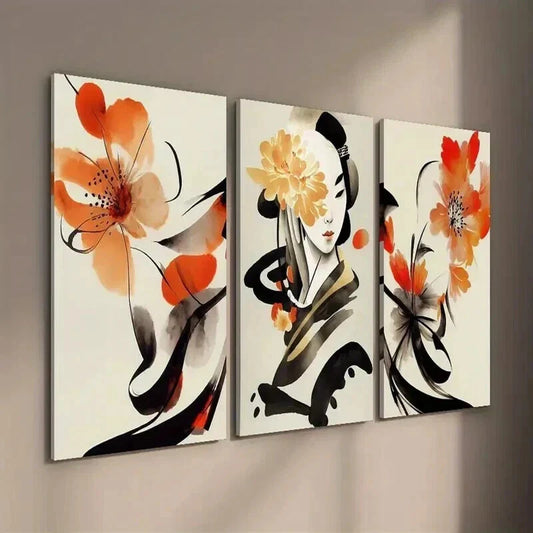 3pcs Ancient Style Woman and Flowers Wall Art Set Canvas Framed 40x60cm - High Quality Print 100% Australian Made Wall Canvas Ready to Hang