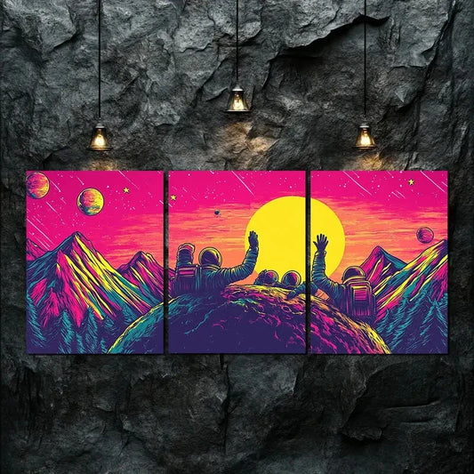 3pcs Yellow Moon Astronauts Galaxy Perfect Wall Art Set Canvas Framed 40x60cm - High Quality Print 100% Australian Made Wall Canvas Ready to Hang